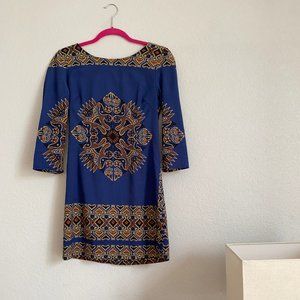 Size S (Small) Fall Winter Mini Dress with 3/4 Sleeves Blue with Pattern